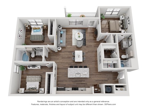 Floor plan for 3 beds, 2 baths, 1362 sqft